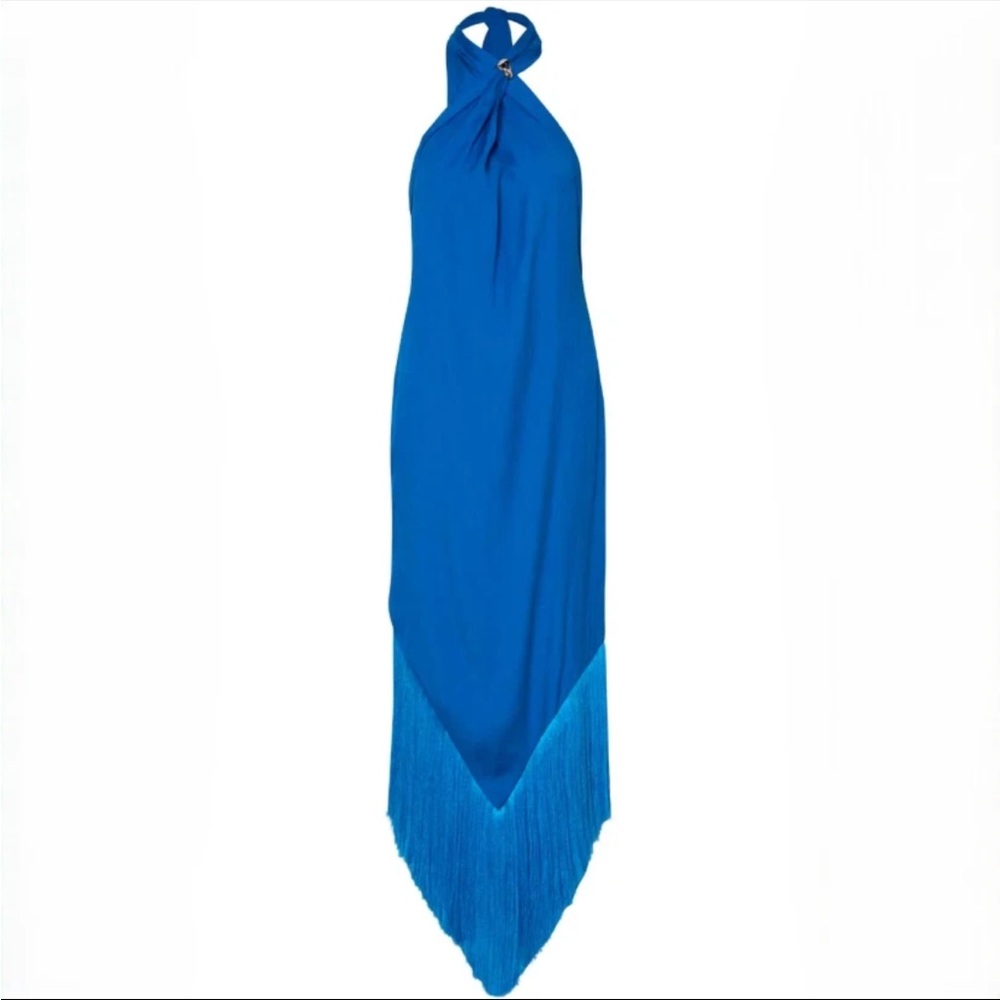 Baobab NWT XS Margarita Maxi Dress Blueberry Blue Halter Neck, Fringe,Open Back